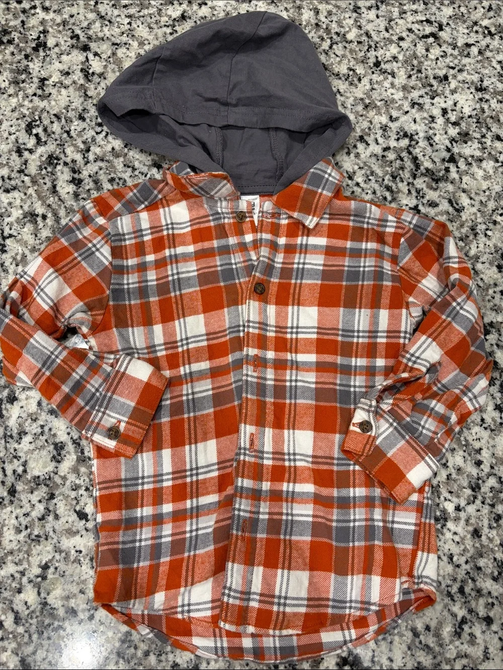 CLEARANCE Plaid Hooded Button-Up Shirt - Orange & Gray 2T